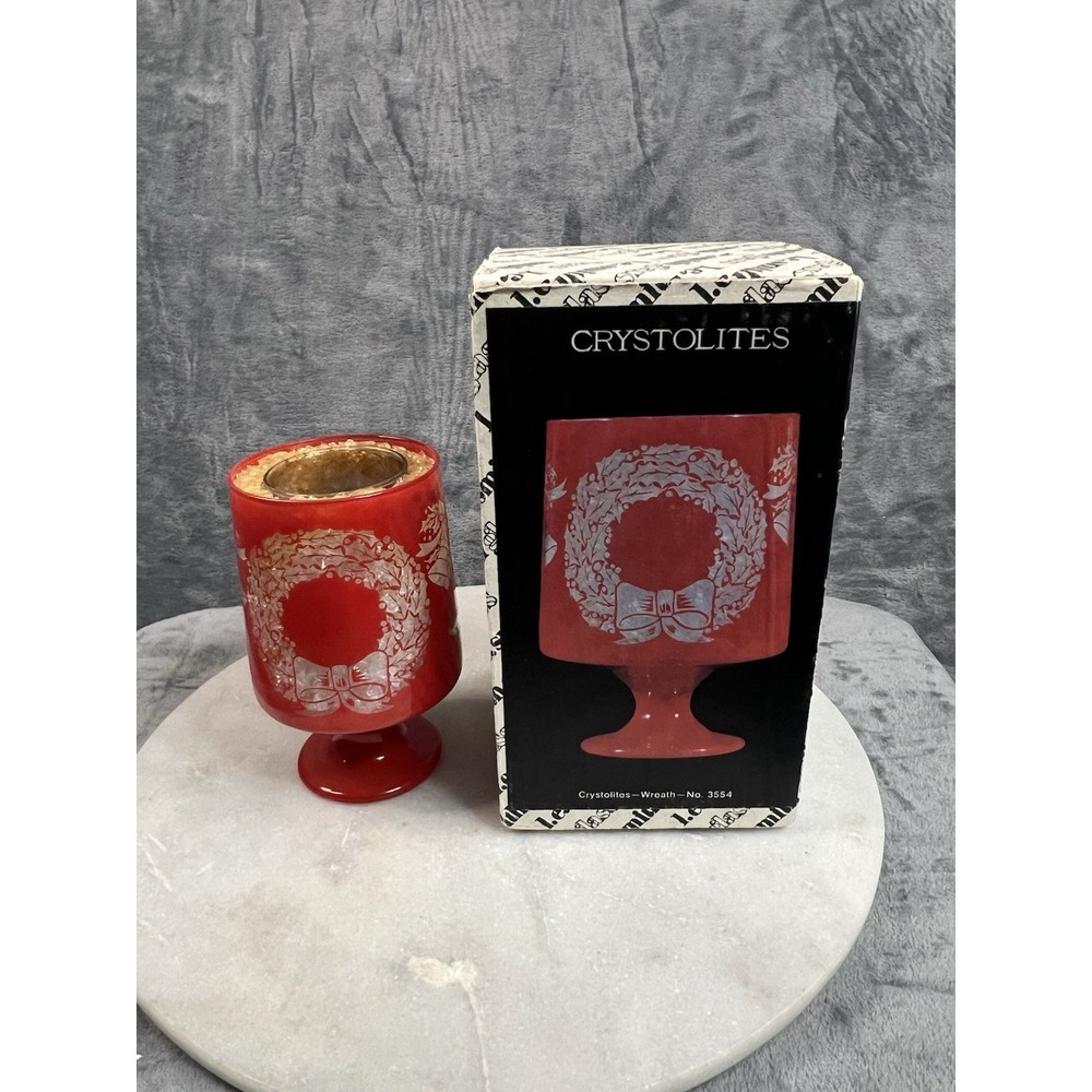 Vintage Crystolites Red Glass Christmas Candle Holder Wreath No 3554 Goblet Box